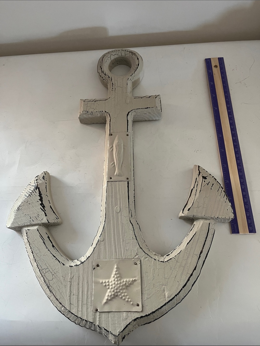 Distressed White Wooden Anchor Wall  approx. 18 x13 inches